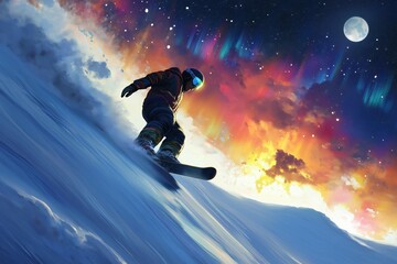 Snowboarder descending snowy slope under a vibrant night sky