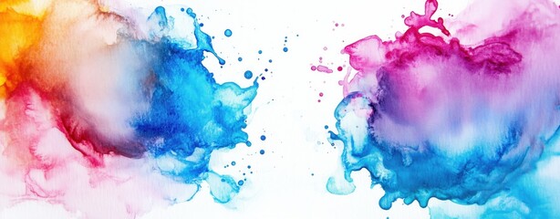 Abstract watercolor splashes in vibrant pink, blue, and orange with dynamic fluid motion energy