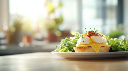 A beautifully plated eggs benedict garnished with fresh herbs sits atop a toasted English muffin, accompanied by vibrant greens in a bustling brunch spot