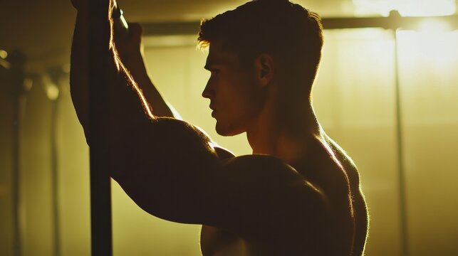 Close-up side shot of a shirtless man engaged in a triceps workout, holding himself up on parallel bars, muscles flexing under the intense backlight in a gym environment
