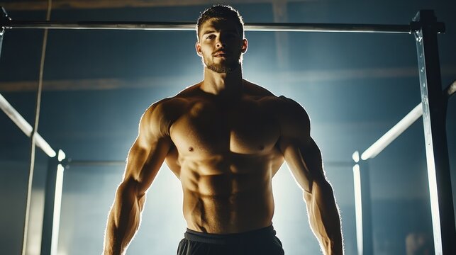 ide view of a strong shirtless man performing a static hold on parallel bars, focusing on triceps strength, with dramatic backlighting highlighting his muscular physique in a gym setting