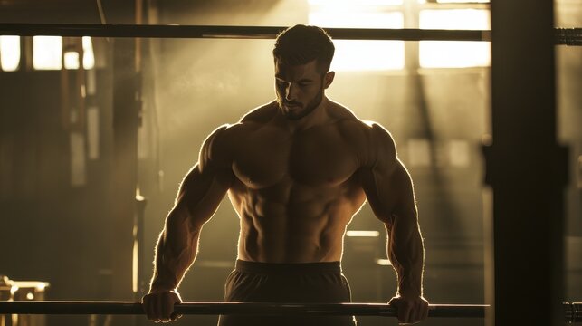 ide view of a strong shirtless man performing a static hold on parallel bars, focusing on triceps strength, with dramatic backlighting highlighting his muscular physique in a gym setting