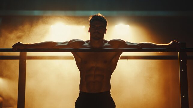 ide view of a strong shirtless man performing a static hold on parallel bars, focusing on triceps strength, with dramatic backlighting highlighting his muscular physique in a gym setting