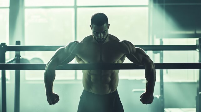 ide view of a strong shirtless man performing a static hold on parallel bars, focusing on triceps strength, with dramatic backlighting highlighting his muscular physique in a gym setting
