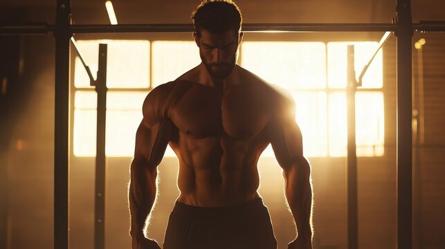ide view of a strong shirtless man performing a static hold on parallel bars, focusing on triceps strength, with dramatic backlighting highlighting his muscular physique in a gym setting