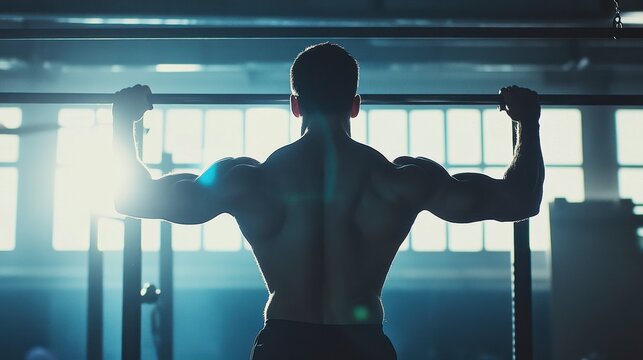 ide view of a strong shirtless man performing a static hold on parallel bars, focusing on triceps strength, with dramatic backlighting highlighting his muscular physique in a gym setting