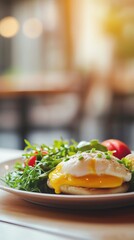 A beautifully plated dish of eggs benedict includes a perfectly poached egg topped with hollandaise sauce, served alongside vibrant arugula and cherry tomatoes