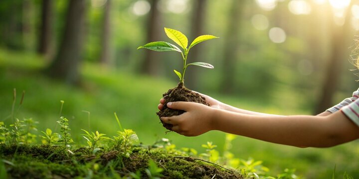 Mano infantil sostiene una peque&ntilde;a planta en crecimiento sobre un fondo verde, representando un concepto de ecolog&iacute;a y conciencia ambiental en el D&iacute;a de la Tierra.