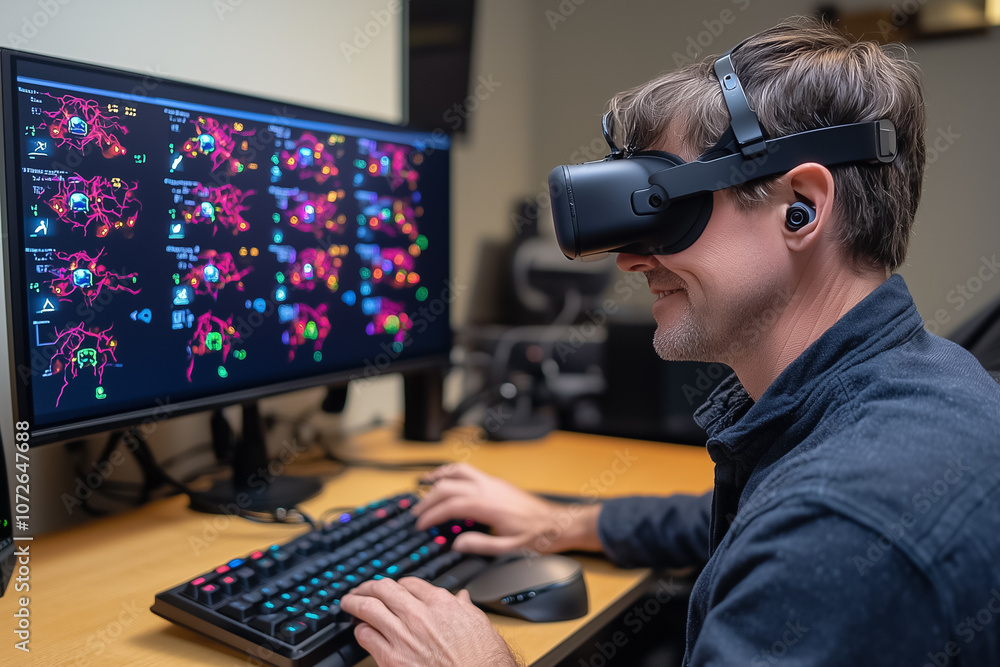 Poster the individual is immersed in a virtual environment, utilizing advanced technology for simulation an