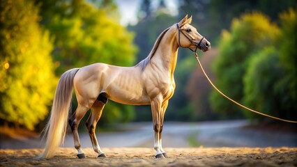 Obraz premium Beautiful Akhalteke Horse on a Cord Captured with Tilt-Shift Photography, Showcasing Its Elegant Form Against a Soft Focused Background in a Serene Outdoor Setting