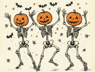 Three skeletons with pumpkin heads dance joyfully with bats and stars around, creating a festive Halloween atmosphere in vintage style.