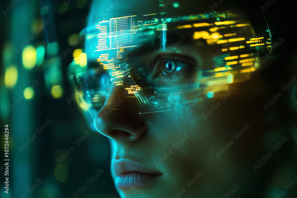 Poster a person focuses intently while wearing glasses that project vibrant digital information in a high-t