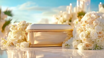 Serene funeral scene with coffin and white flowers for memorial design