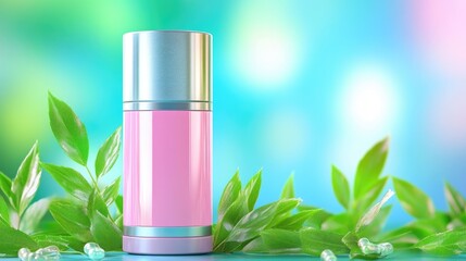 Pink cosmetic bottle with silver cap amidst green leaves on vibrant blue background