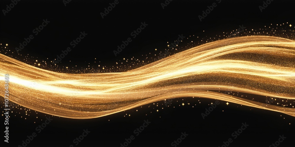 Aufkleber Abstract glowing golden wave with sparkle particles. Luminous golden wavy line. Design element for celebration, holiday, christmas, new year, luxury, modern, futuristic, magic, neon, power, tech,
