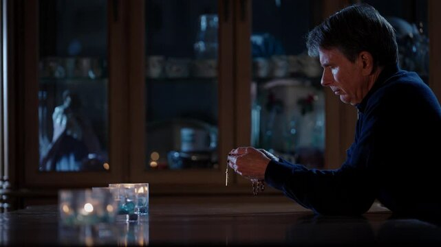 Man praying with Rosary beads by candlelight in dinning room