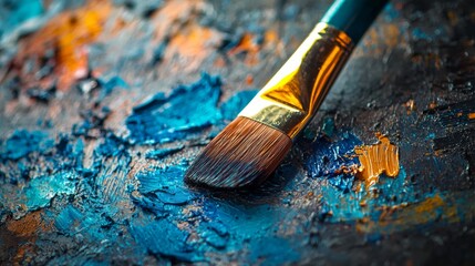 Fototapeta premium Paintbrush on textured palette with vivid paint strokes