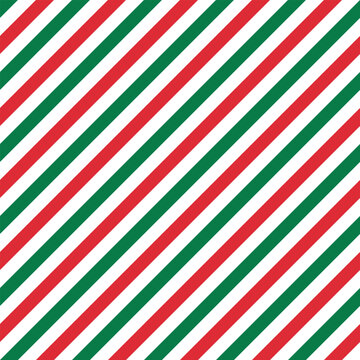 diagonal stripes Christmas pattern, white, red and green lines seamless design for postcards, wrapping paper, curtains, tablecloths or bedding, vector background