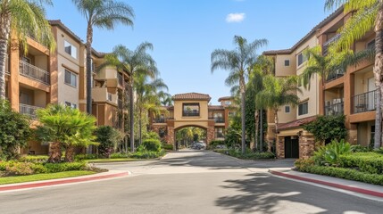 Fototapeta premium Serene Apartment Complex with Lush Palm Trees