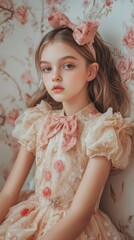 Fototapeta premium Elegant young girl in floral dress with bow headband against floral wallpaper, capturing the essence of girlhood design