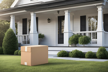 Package Delivered on a Suburban Doorstep, A neatly wrapped package on the doorstep of a modern suburban home surrounded by greenery