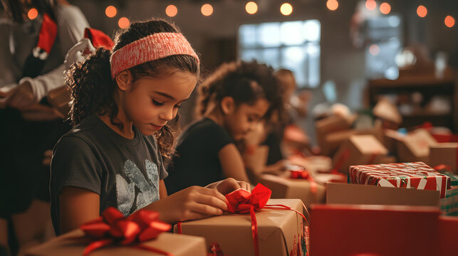 A joyful scene of volunteers wrapping gifts for underprivileged children.