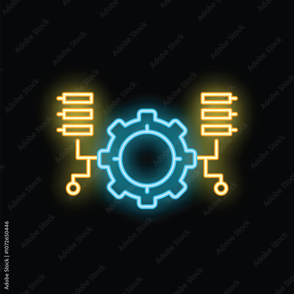 Poster neon icon of a gear connecting data servers, representing data processing, automation, and technolog