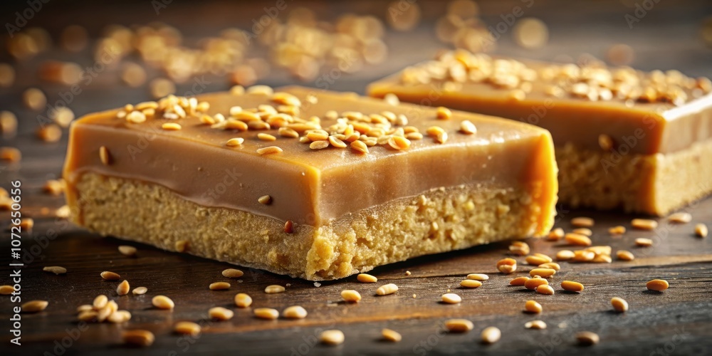 Poster closeup of a caramel square topped with sesame seeds and resting on a wooden surface
