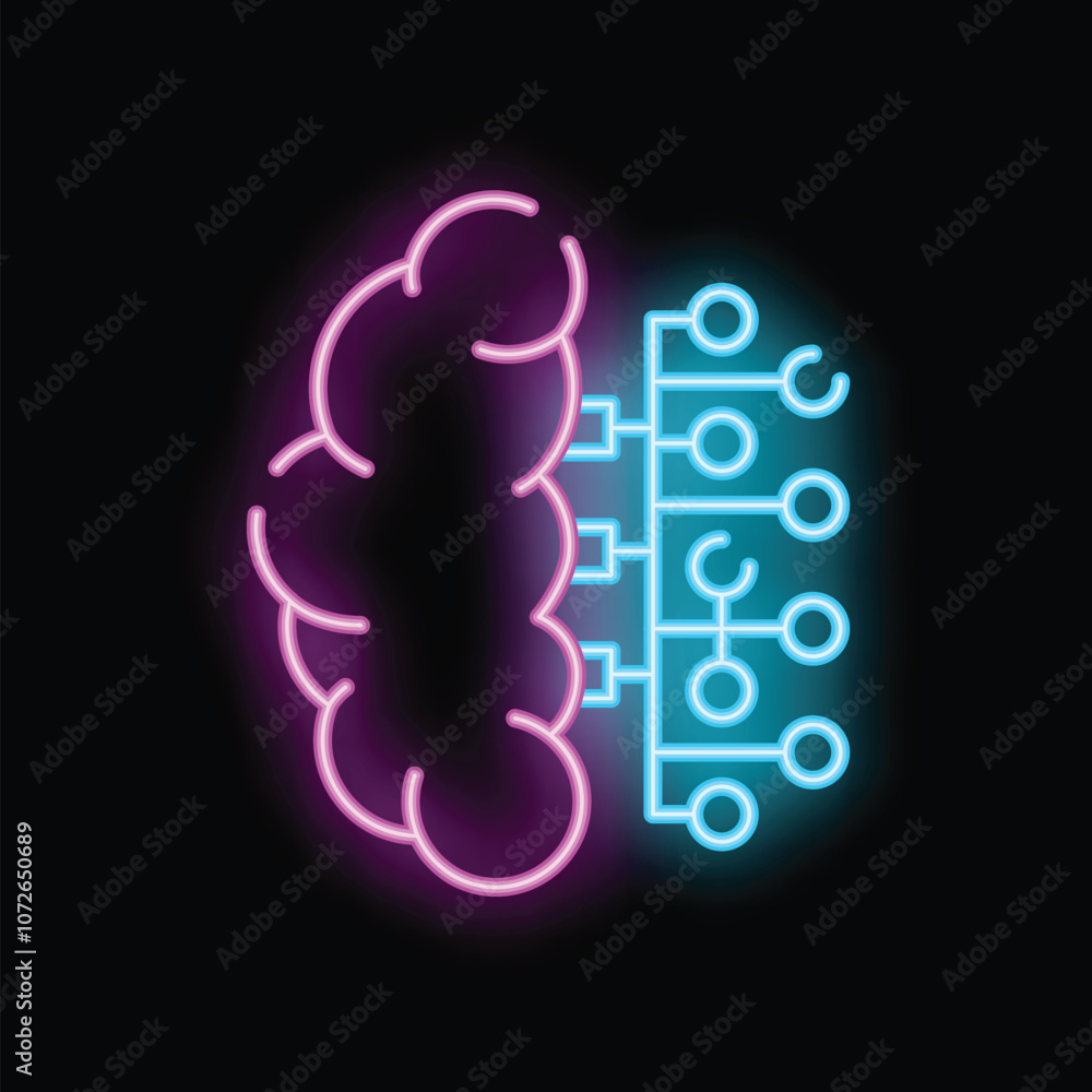 Aufkleber neon illustration representing the concept of artificial intelligence with a brain turning into a ci