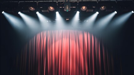 a classic red theater curtain lit by white spotlights hanging from the ceiling. The lighting creates a dramatic effect with beams of light projecting onto the curtain, 