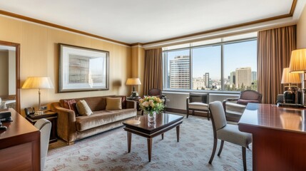 Fototapeta premium Elegant Modern Hotel Room with City View