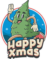 Vector Illustration of Christmas Tree Mascot with Retro Mascot Illustration Available for Logo Badge