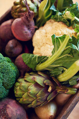 Variety, vegetables and food for nutrition, diet health or wellness benefits closeup in vegan kitchen. Many, organic ingredients and fresh plants with artichoke, onion or spinach for natural vitamins