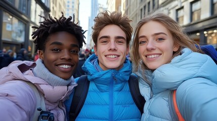 Three people are smiling for a picture. One of them is wearing a blue jacket. The other two are wearing pink jackets