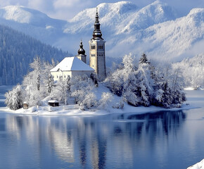 Idylle am See mit Schnee und Bergen im Hintergrund

