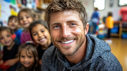 Obraz premium A man with a beard and a smile is posing with a group of children. The children are all smiling and looking at the camera. Scene is happy and friendly, as the man