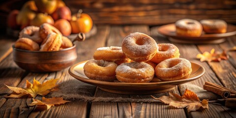 A plate of freshly baked, powdered sugar donuts with a backdrop of autumn leaves and cinnamon sticks