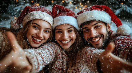 Three people are smiling and wearing red and white hats. They are posing for a picture and one of them is giving a thumbs up. Scene is cheerful and festive, as it is a Christmas photo