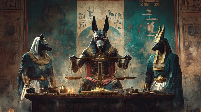 Artistic Depiction of the Ancient Egyptian Weighing of the Heart Ceremony with Anubis and Deities