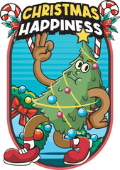 Fototapeta premium Vector Illustration of Christmas Tree Mascot with Retro Mascot Illustration Available for Logo Badge