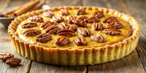 A golden-brown crust, a smooth creamy filling, and pecan nuts arranged in a pleasing pattern - this homemade pie is a tempting treat.
