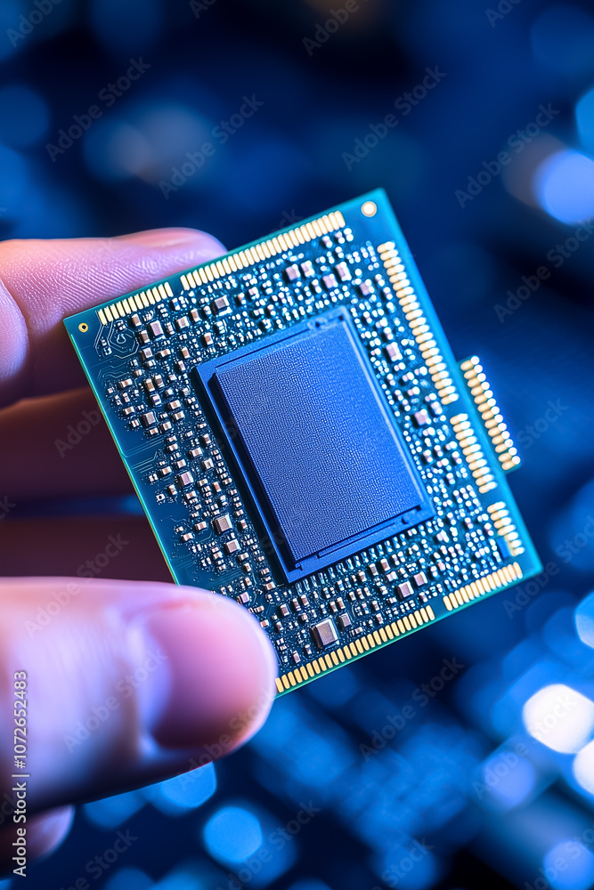 Poster a person examines a computer processor chip under artificial lighting, showcasing intricate details 