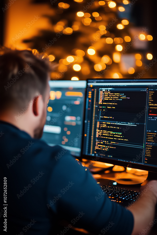 Poster a programmer focuses on coding at a dual-monitor setup surrounded by warm holiday lights