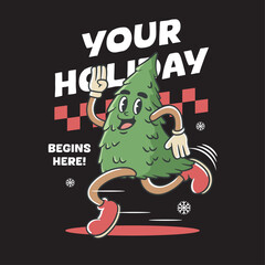 Vector Illustration of Christmas Tree Mascot with Retro Mascot Illustration Available for Tshirt Design