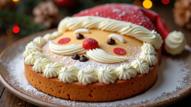 Christmas dessert - Delicious cake in the shape of Santa Claus face with whipped cream and sprinkled icing sugar on brown dish. This cheerful dessert captures the holiday spirit.