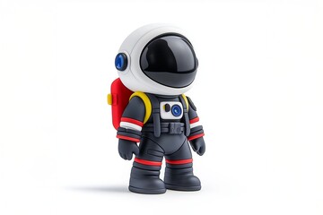 Space exploration and sci-fi concept. 3D astronaut character in a black and white spacesuit with red accents on white background.
