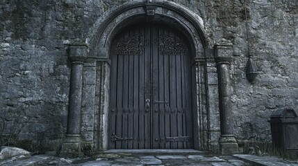Fototapeta premium Mysterious Ancient Doorway with Stone Wall