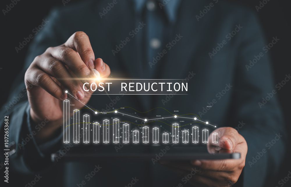 Poster cost reduction business finance concept. businessman with virtual screen of cost reduction graph wit
