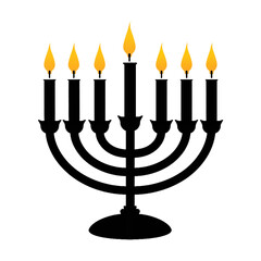 Fototapeta premium Black silhouette of menorah with lit candles, representing Hanukkah festival, Jewish celebration of, miracles. Design for in religious artwork, cultural decor, holiday celebrations. Used to Isolated.