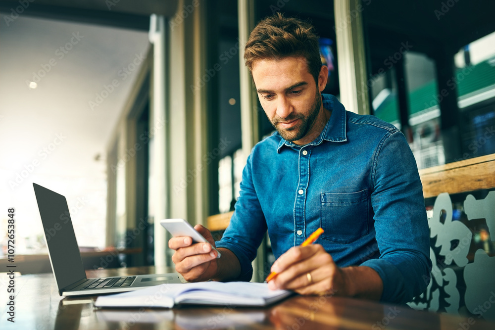 Poster businessman, phone and notebook for networking, research and project management with kpi app. employ